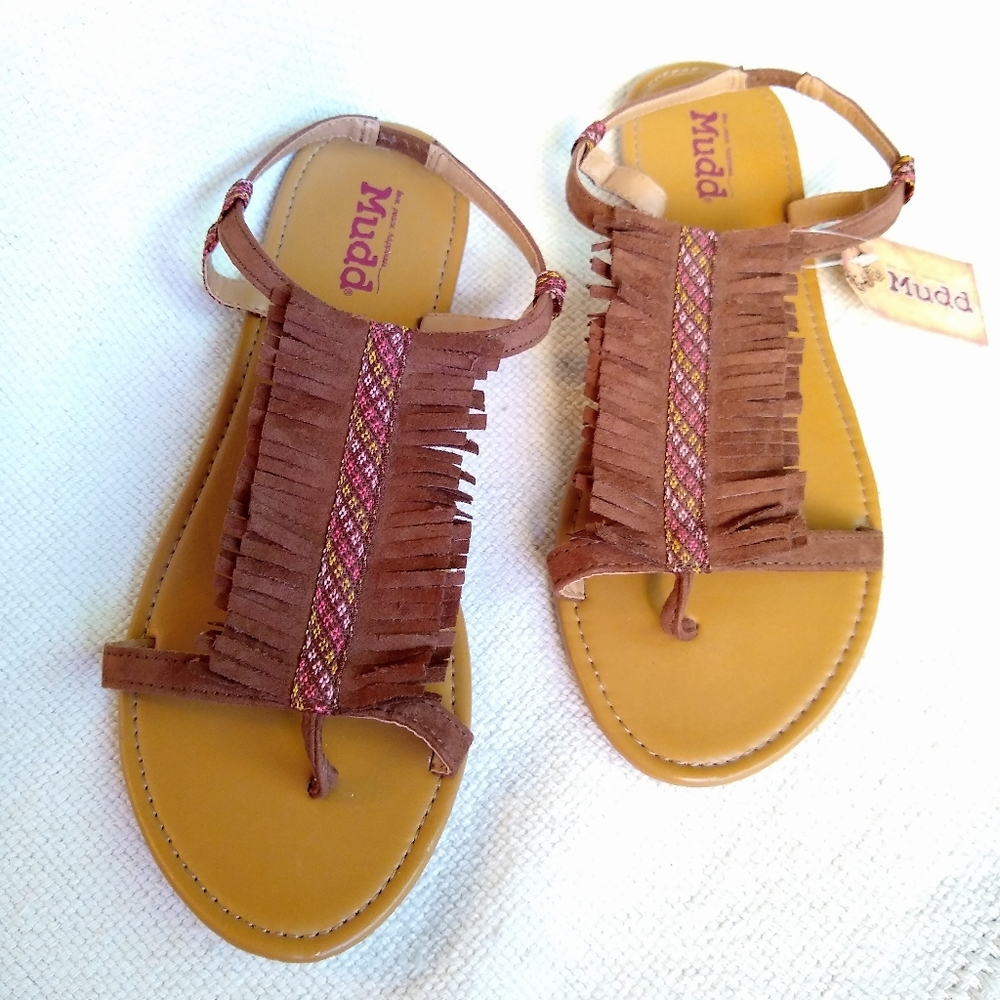 Mudd Fringe T-Strap Backstrap Sandals